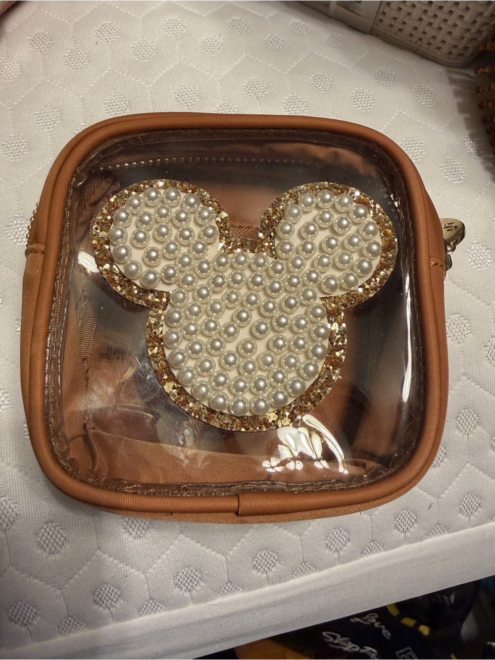 Stoney Clover Lane Clear Cosmetic Pouch with Pearl Mickey Accent and Tan Trim